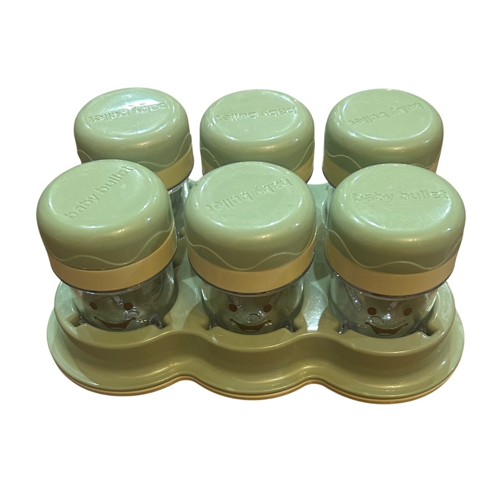 Baby Bullet Storage Jars Set Green 6 Storage Cups with Tray and Date Lids
